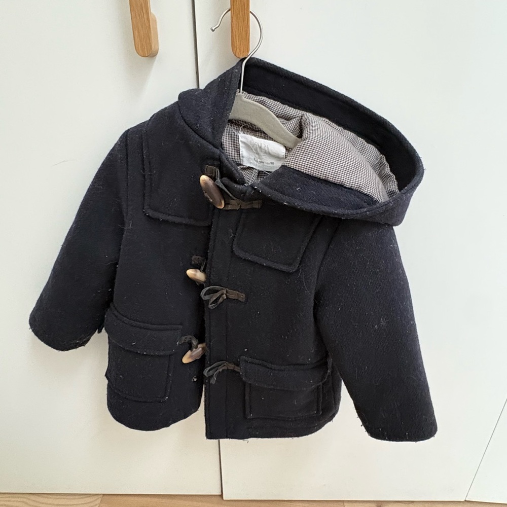 Zara toddler boy 2T 2-3 navy blue hood pea coat toggle buttons w pockets winter